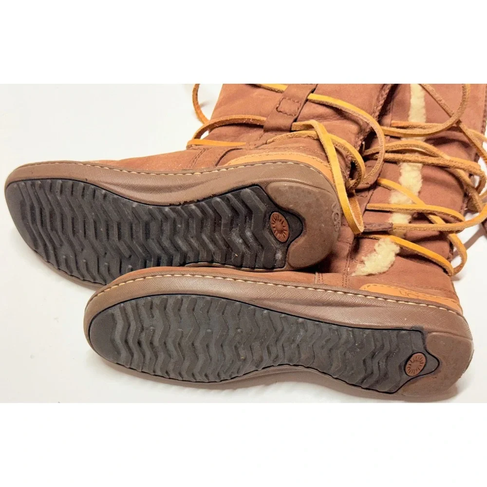 UGG Australia Sunburst Tall Brown Suede Lace Up Shearling Boots 1634 Womens 7